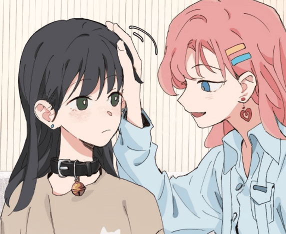 drawing of two girls, one wearing a collar with a bell