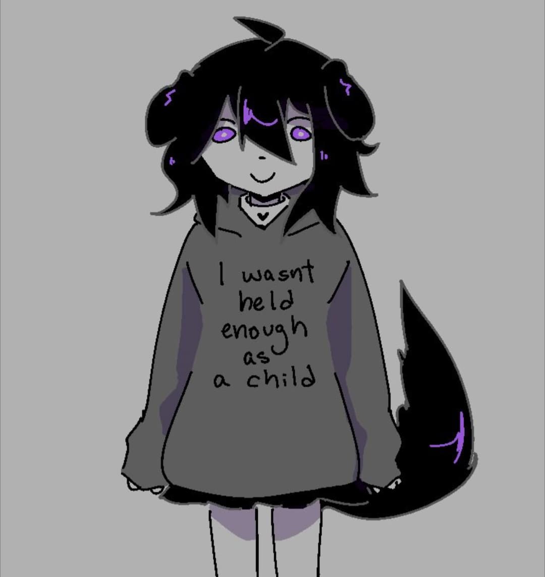 drawing of a puppygirl in a hoodie reading i wasn't held enough as a child