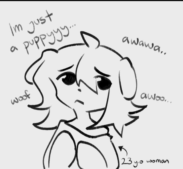 drawing of a puppygirl going awawa, woof, awoo